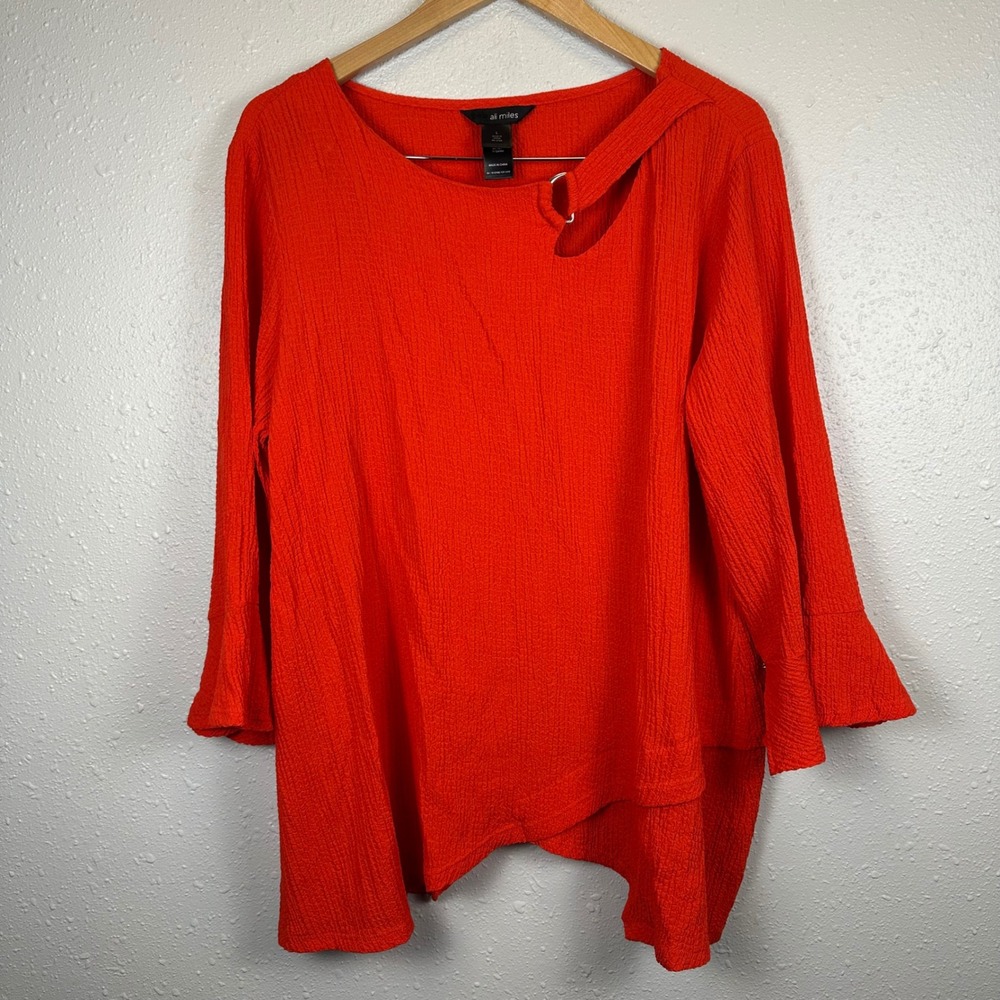 Ali Miles Womens L Tunic Top Crinkle Texture Tiered Flare Sleeve Red Lagenlook